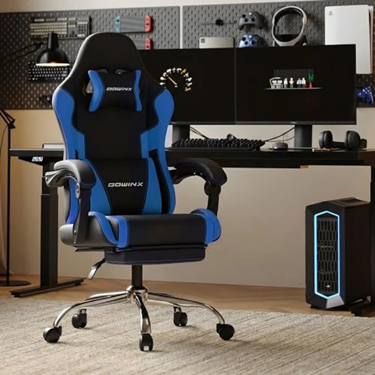 Dowinx Gaming Stuhl, Ergonomischer Gamer Stuhl für Büro und Home Office, Verstellbarer Bürostuhl mit Rückenlehne bis 150°, mit Fußstütze, Belastbar bis 180 kg, Blau – Bild 2
