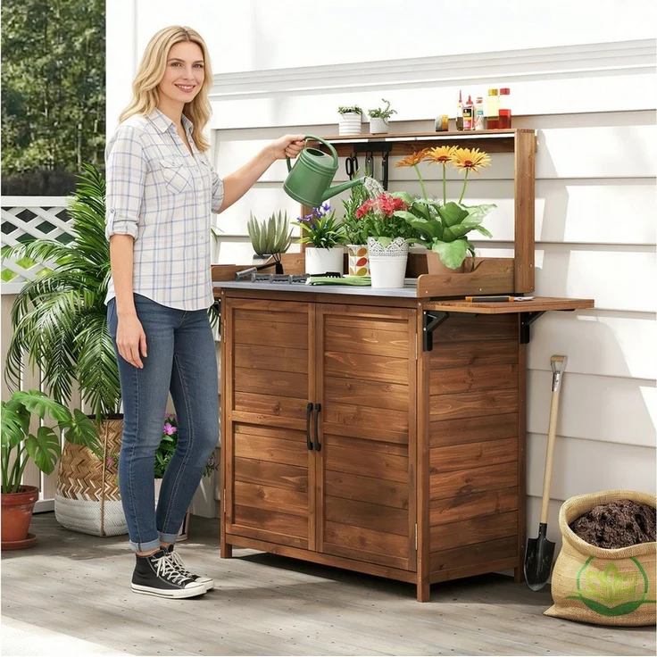 COSTWAY Pflanztisch (1-St), Gärtnertisch, Blumentisch, mit klappbarer Seitentische – Bild 3