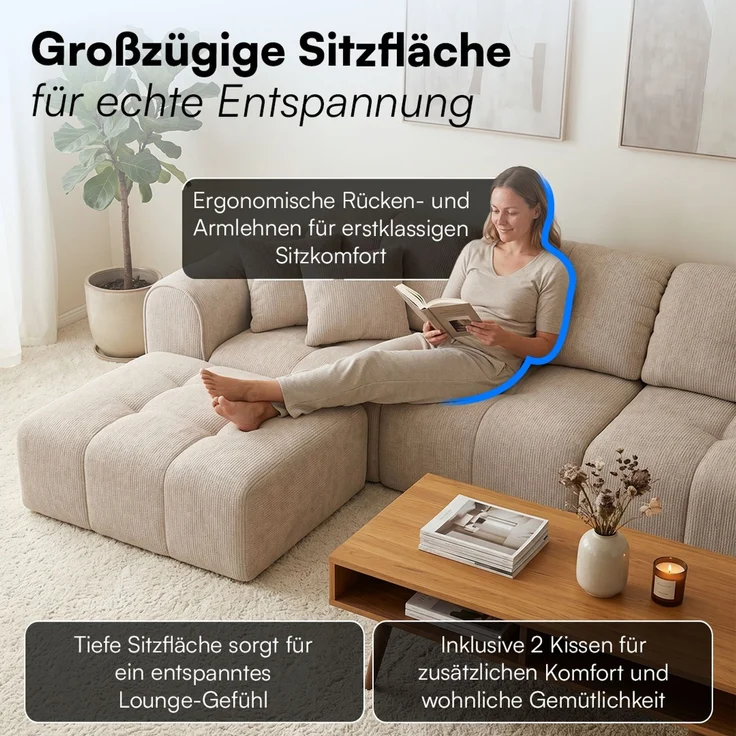 skølm 'Vanaheim' Sofa 3 Sitzer mit Hocker & 2 Kissen, Cloud Sofa beige, Chenille-Stoff, Vollschaumcouch mit Federkern und Vakuum-Kompression, kein Aufbau erforderlich – Bild 7