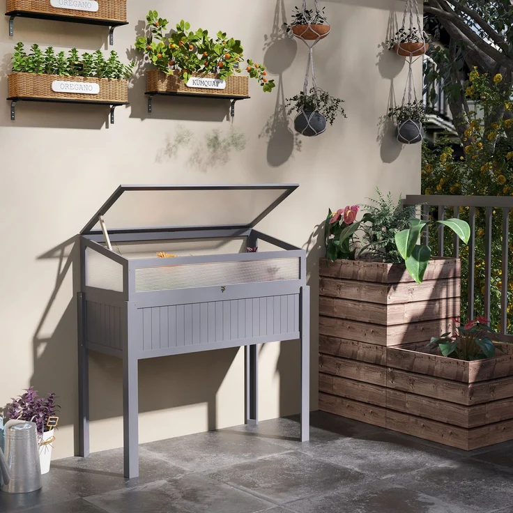 Outsunny Hochbeet, Tannenholz, PC-Panel, Grau, 120L x 54B x 122H cm – Bild 2