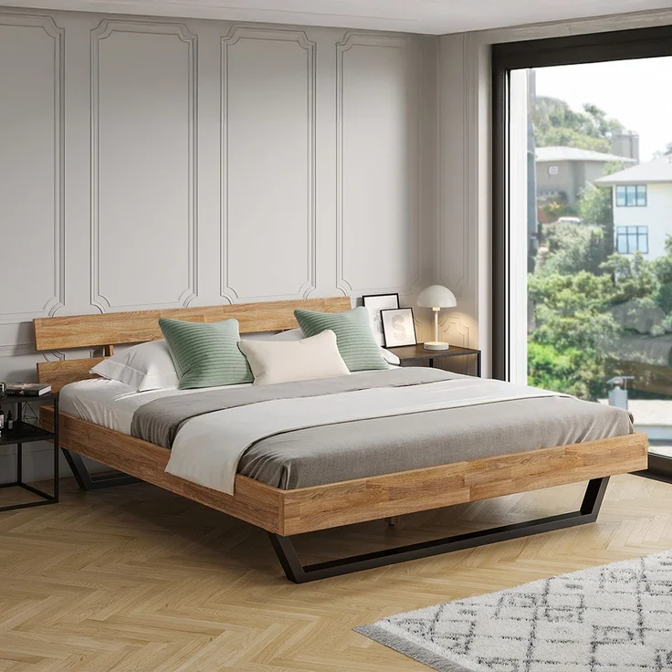 skølm 'Alver' Bett 180x200 cm, Bettgestell, natur geölt, Massivholzbett aus Eiche mit Metallkufen, Doppelbett mit Streben Bettkopf – Bild 1