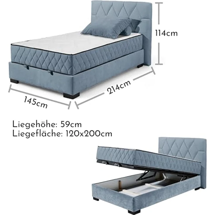 NAGOL B Boxbett 120x200, Denim - Bequemes Bett mit Bettkasten und Premium 9-Zonen-Federkern Wendematratze - 145 x 114 x 214 cm (B/H/T) – Bild 4