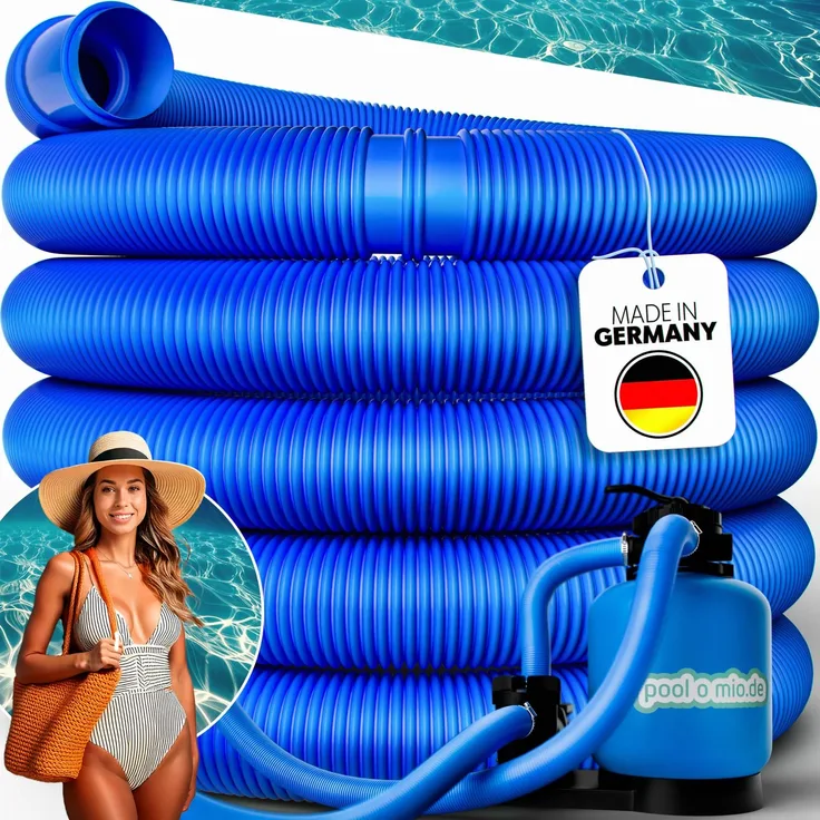 poolomio® Poolschlauch 32mm / 9,9 m - flexibler Schwimmbadschlauch für Poolpumpe & Poolsauger - UV- & Chlorbeständiger Spiralschlauch - Hochwertiger Druck- & Saugschlauch als Poolzubehör, Blau