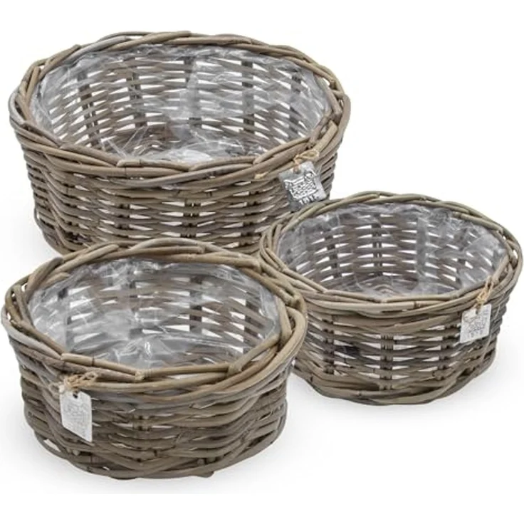 Spetebo Pflanzschale Pflanzschale aus Rattan im 3er Set - 30 / 26 / 21 cm (Set, 3 St, Pflanztöpfe), Blumentopf mit Folie ausgekleidet – Bild 6