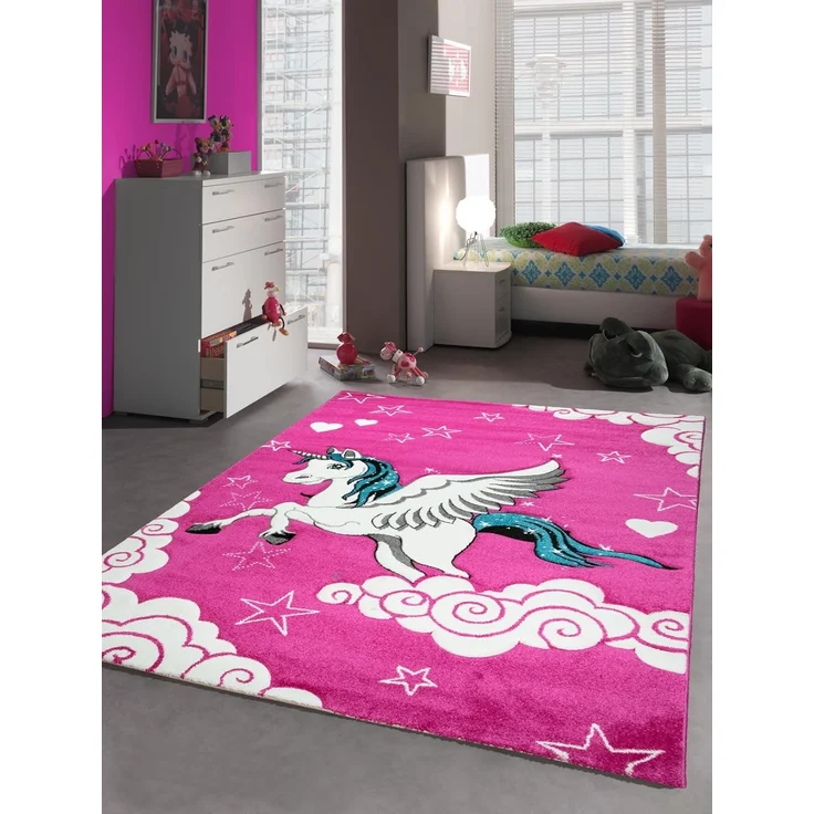 Traum Kinderteppich Spielteppich Kinderzimmer Teppich Einhorn Design mit Konturenschnitt Pink Creme Türkis Größe 120 cm Rund