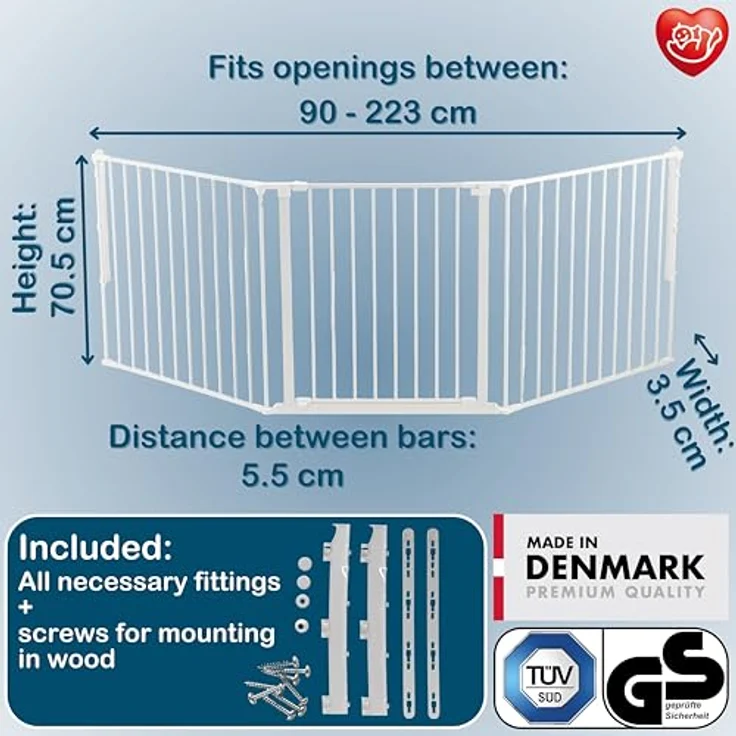 Baby Dan Konfigurationsgitter / Kaminschutzgitter Flex L, 90 - 223 cm - Hergestellt in Dänemark und vom TÜV GS geprüft, Farbe: Weiß – Bild 3