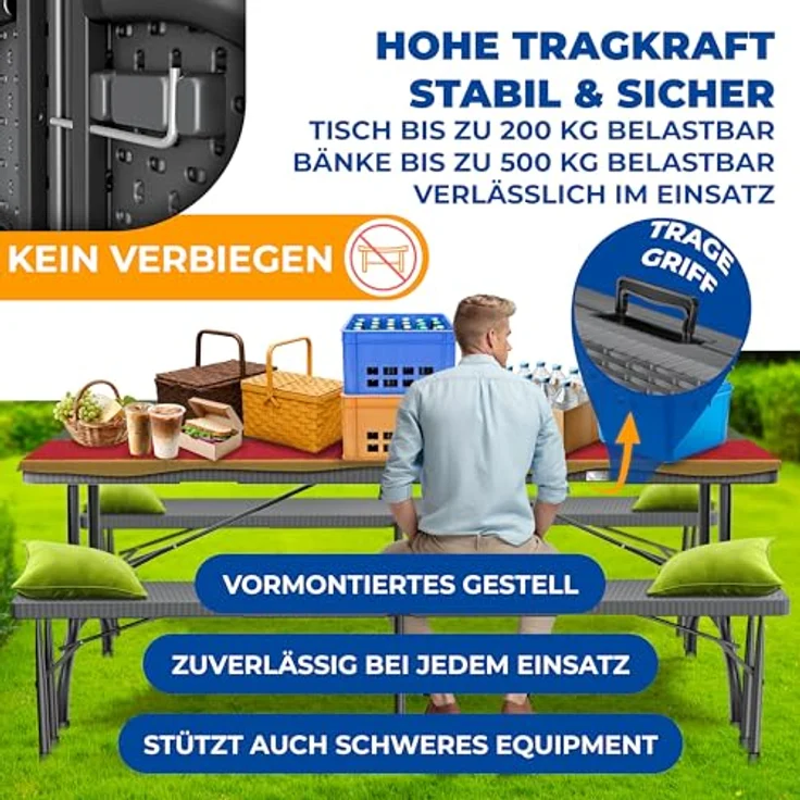 KESSER® Bierzeltgarnitur 3-teilig Set Tisch & 2x Bank | Buffettisch für drinnen & draußen Gartengarnitur klappbar 183x76x74cm Kunststoff Klapptisch Gartentisch inkl. Abdeckung & Tragegriffe Anthrazit, Rattan – Bild 6