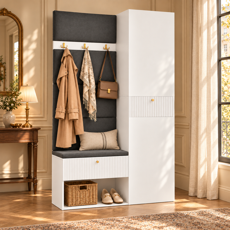 Flieks Garderobe 110 x 38 x 179.5 cm mit gepolsterter Sitzbank, Schuhablage, Garderobenpaneel, Haken und Stauraum, Weiß – Bild 2