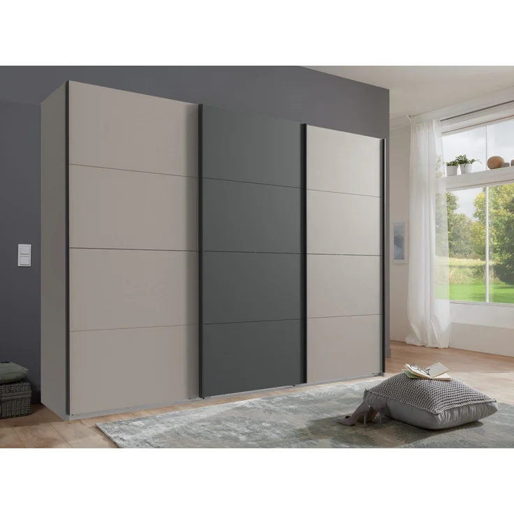 Schwebetürenschrank Kleiderschrank 270cm 3-türig Zubehör Sand Grau u. Anthrazit – Bild 2
