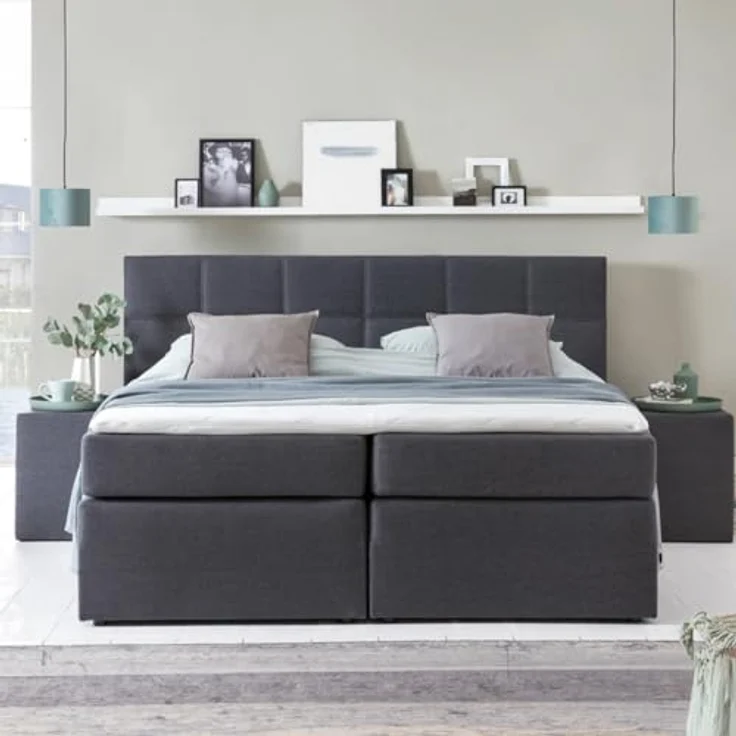 Möbelfreude Boxspringbett Boxspringbett Bea mit niedrigem Kopfteil Anthr.., Anthrazit 140x200 cm H3 7-Zonen-Taschenfederkern Matratze + Visco-Topp – Bild 2