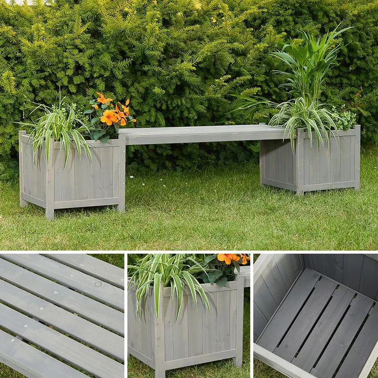 Gartenbank mit 2 Blumenkästen Garten Bank 2in1 Blumenkasten Holzbank grau – Bild 8