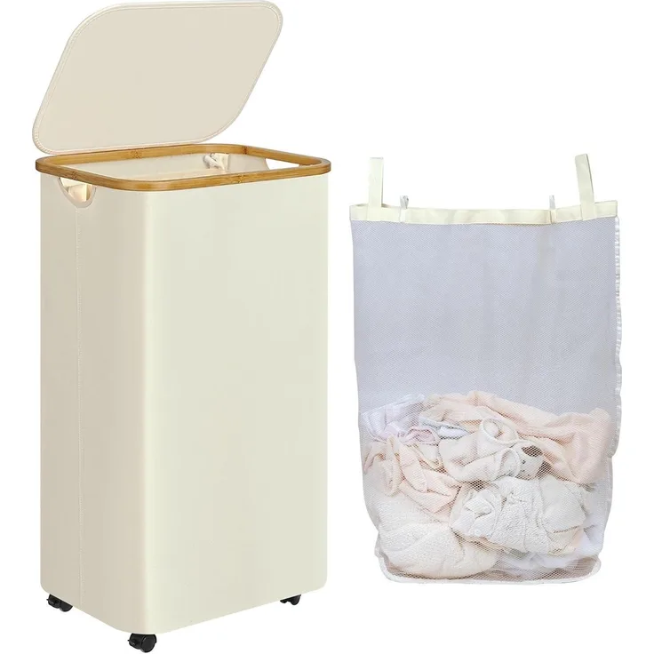 iEGrow 110L Wäschekorb Rollen Deckel Bambusgriff Beige