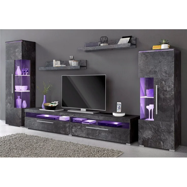 INOSIGN Wohnwand India,Breite 290cm moderne Mediawand ohne Beleuchtung, (Set, 5-St, fdete), Anbuwand (Set,5-St, 2xVitrine, 1TV-Schrank, 2xWandregal) viel Stauraum – Bild 3