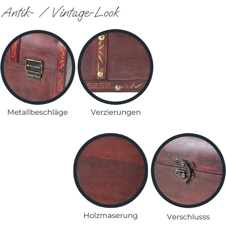 HMF Schatzkiste Handgefertigte Holztruhe Portugal, Schatzkiste mit dekorativem Metallschloss im Antik-Look, 40x30x25 cm – Bild 3