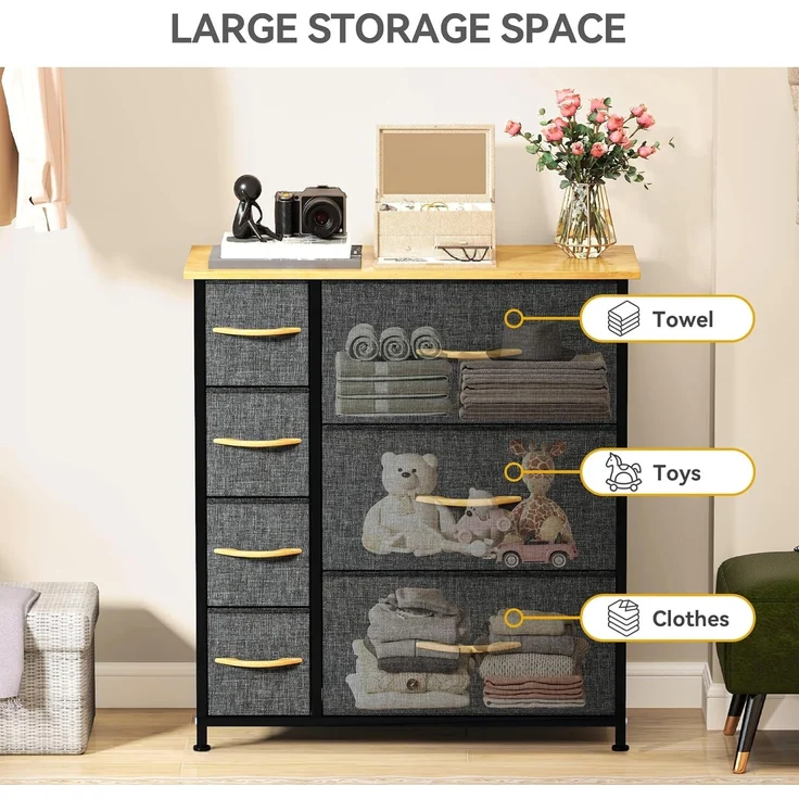 DWVO Kommode mit 7 Schubladen, Schrank aus Stoff mit Griffen, Metallgestell & MDF-Holzplatte, langlebig, für Schlafzimmer & Wohnzimmer,dunkelgrau – Bild 6