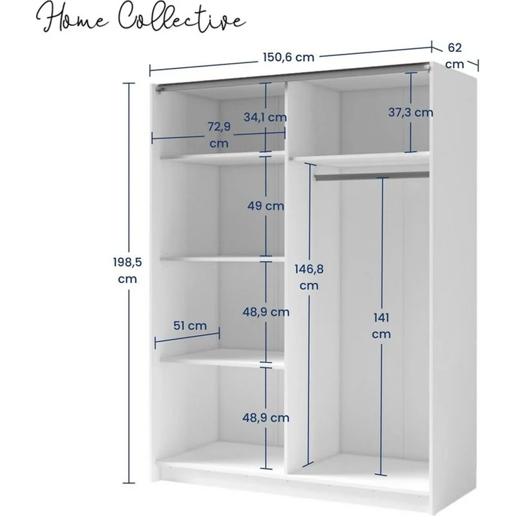 Home Collective Schwebetürenschrank Kleiderschrank Schlafzimmerschrank Schrank Garderobe, 150 oder 180 cm (mit einseitigem Spiegel an der linken Schiebetür) 4 Böden & Kleiderstange für viel Stauraum Weiß 150 cm Breite – Bild 3