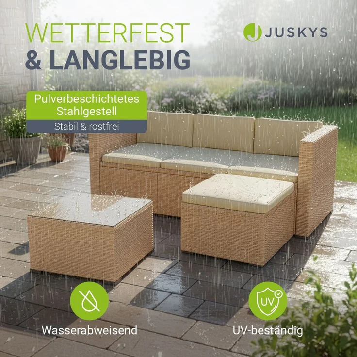 Juskys Polyrattan Lounge Punta Cana M creme – Gartenlounge für 3-4 Personen – Sitzgruppe mit Sofa, Tisch & Hocker - Sitzbezüge Sand – Bild 2
