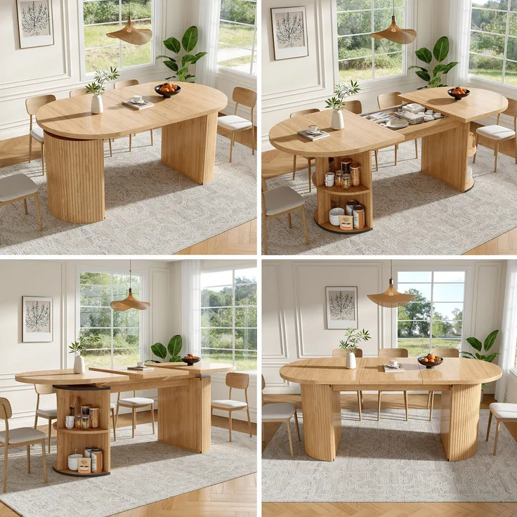Ausziehbarer Esstisch mit verstecktem Staufach, verdickte Tischplatte für hohe Stabilität, flexibel anpassbar für kleine Räume, Küche, Arbeitszimmer und Wohnzimmer, MDF Tischplatte, Naturbraun