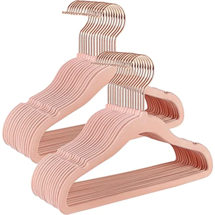 SONGMICS Kinderkleiderbügel, 50er Set Kleiderbügel Kinder, Baby-Kleiderbügel, Bügel Samt, 360° drehbarer Haken in Roségold, platzsparend, rutschfest, für Kleiderschrank, pastellrosa CRF027P01 – Bild 2