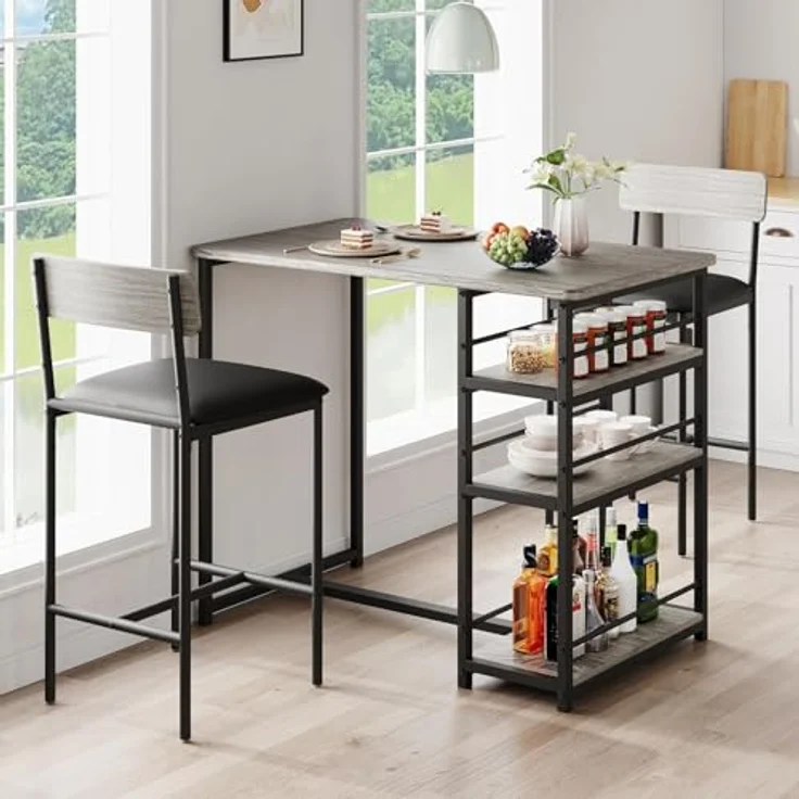 GarveeHome Bartisch Mit Barhocker Set, 2 Personen Bartisch Set Mit 3-Stufigen Ablageflächen, Platzsparende Essgruppe, Stehtisch Mit 2 Gepolsterten Stühlen Für Küche, Wohnung, Bistro, Grau – Bild 7