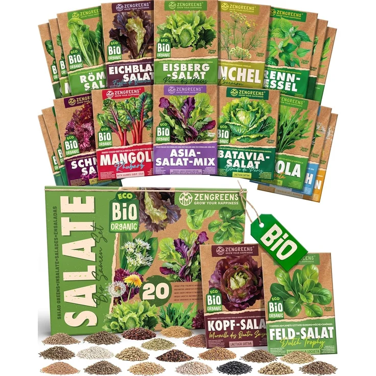 ZenGreens® - Bio Salatgemüsesamen im 20er Set - 20 Salat Gemüse Samen für den einfachen Anbau im Garten, Balkon oder Hochbeet - Pflanzensamen - Saatgut – Bild 1