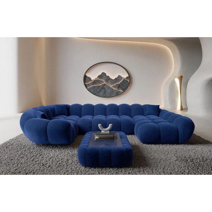 Sofa Dreams Wohnlandschaft Maleron U Form Design Stoffsofa, Stoff Polsterecke, 6-Sitzer, Ottomane rechts, Samtstoff Dunkelblau