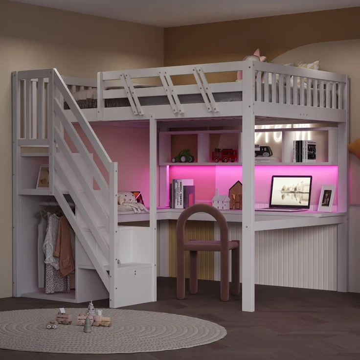 Rayofly-Massivholz Kinder Hochbett 140x200 cm, Stauraumtreppe, Schreibtisch, USB-Steckdose, LED-Licht, Jugend- und Einzelbett, H 140cm x T 200cm x B 140cm, Weiß – Bild 4