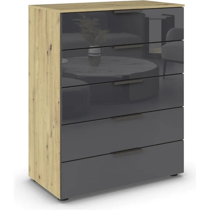 Rauch Möbel Flipp, Kommode für Schlafzimmer, Kinderzimmer, Wohnzimmer, Jugendzimmer, Flur, Garderobe, 5 Schubladen, mit Softclose Funktion, Farbe Eiche Artisan, Holz/Glas basalt, Schwarz, Breite 80 cm