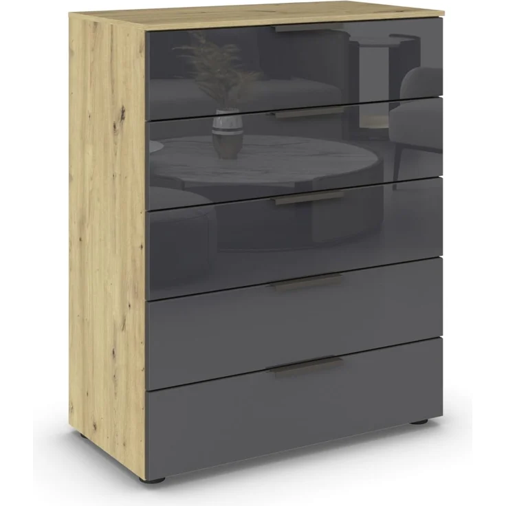 Rauch Möbel Flipp, Kommode für Schlafzimmer, Kinderzimmer, Wohnzimmer, Jugendzimmer, Flur, Garderobe, 5 Schubladen, mit Softclose Funktion, Farbe Eiche Artisan, Holz/Glas basalt, Schwarz, Breite 80 cm