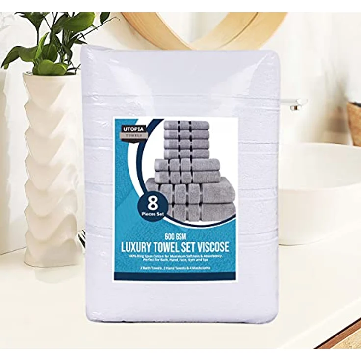 Utopia Towels - 8er-Pack Handtuch-Set mit Aufhängeschlaufe aus 97% Baumwolle, saugfähig und schnell trocknend 2 Badetücher, 2 Handtücher, 4 Waschlappen (Weiß) – Bild 9