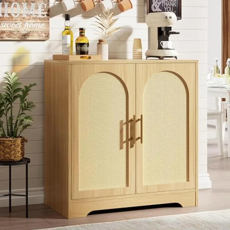 GarveeHome 2-Stöckiges Sideboard Mit Rattantüren, Buffetschrank Mit Metallgriffen, Für Esszimmer Und Wohnzimmer, 76,2 x 39,6 x 80 cm