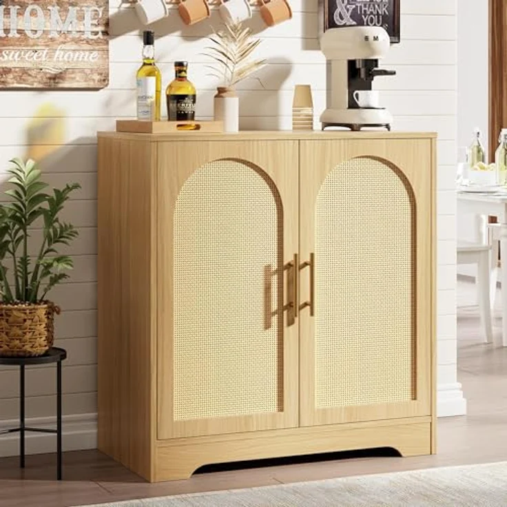GarveeHome 2-Stöckiges Sideboard Mit Rattantüren, Buffetschrank Mit Metallgriffen, Für Esszimmer Und Wohnzimmer, 76,2 x 39,6 x 80 cm – Bild 1