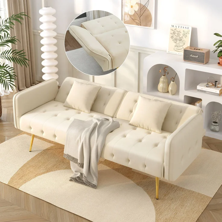 Sofabett 2-in-1 Samt,Zweisitzer mit verstellbarer Rückenlehne & Armlehnen, zum Gästebet,Beige – Bild 2