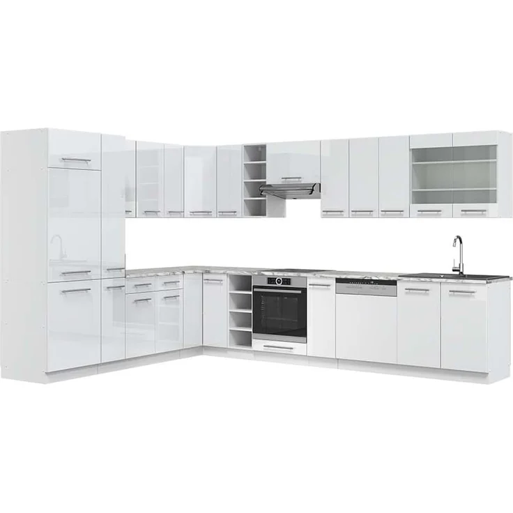 Eckküche Fame-Line Weiß Hochglanz/Weiß 347 x 257 cm, AP Marmor Vicco – Bild 1