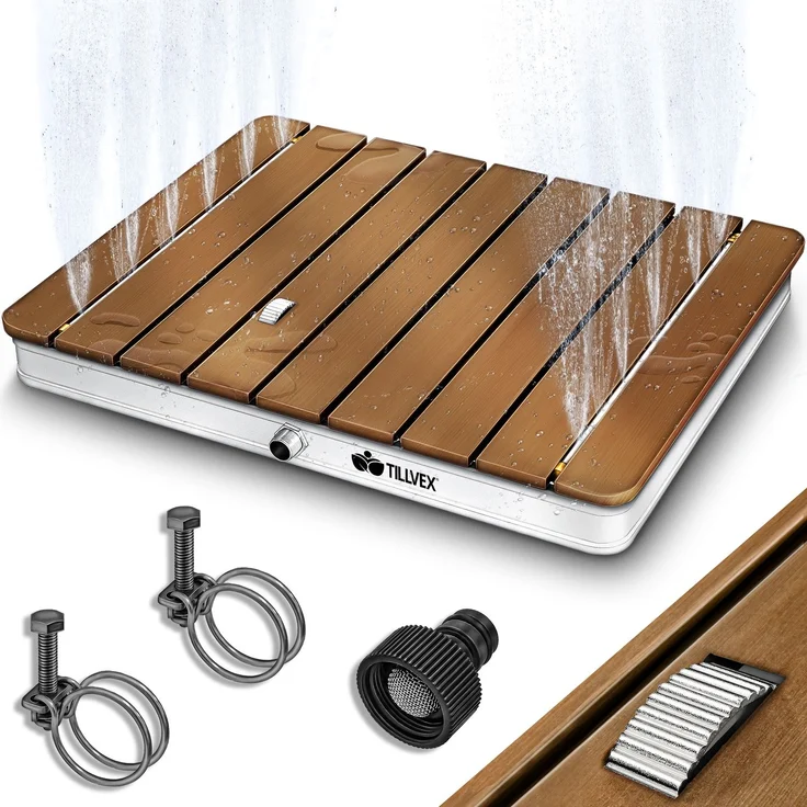 tillvex® Gartendusche eckig outdoor bis 4 m Fontänenhöhe | Bodendusche mit Fußrad | Außendusche rutschfest | Saunadusche wetterfest | Campingdusche aus Aluminium/WPC/Holzoptik – Bild 1