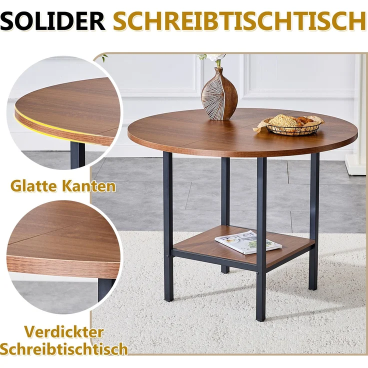 Esstisch rund 100x100x77 cm mit Stauraumablage, Walnuss-Optik und schwarzem Metallgestell – Bild 7