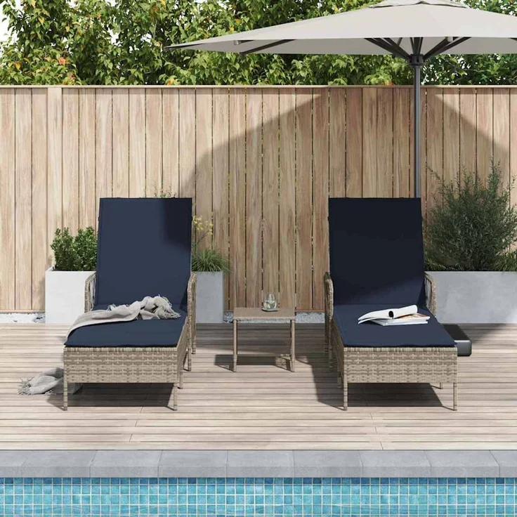 vidaXL Sonnenliege mit Kissen 3 pcs Grau und Marineblau Poly-Rattan 365438 – Bild 3