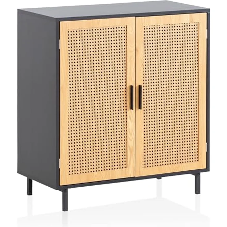 Sideboard 80x86,5x40 cm Kommode Schwarz mit Wiener Geflecht, Hoher Kommodensc... – Bild 2