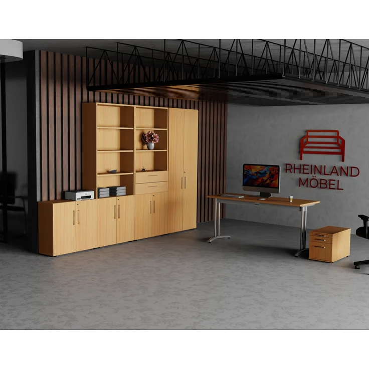Rheinland Möbel Flügeltürenschrank Cabino 80×42×216 cm – abschließbarer Aktenschrank 2OH mit 2 Schubladen & Regalaufsatz 3OH in Buche mit 110° Drehtüren & Metallgriff – Bild 5