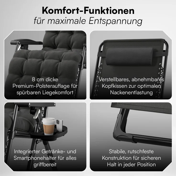 STEELSØN 'Lysira' Liegestuhl, klappbar & wetterfest, schwarz, Sonnenliege mit extra dicker Polsterauflage, verstellbarer Gartenstuhl, bis 200 kg belastbar – Bild 4