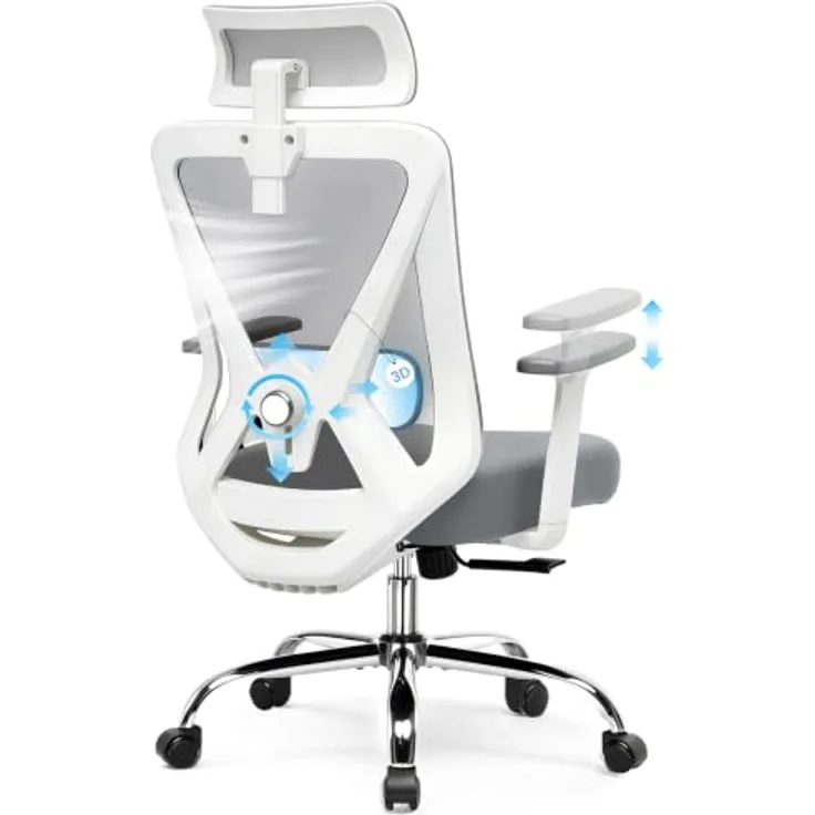 GTPLAYER Bürostuhl Ergonomisch [TESTSIEGER], Schreibtischstuhl mit 3D-Lendenwirbelstütze, Verstellbarer Kopfstütze und Armlehnen, Chefsessel Office Chair 150kg Grau