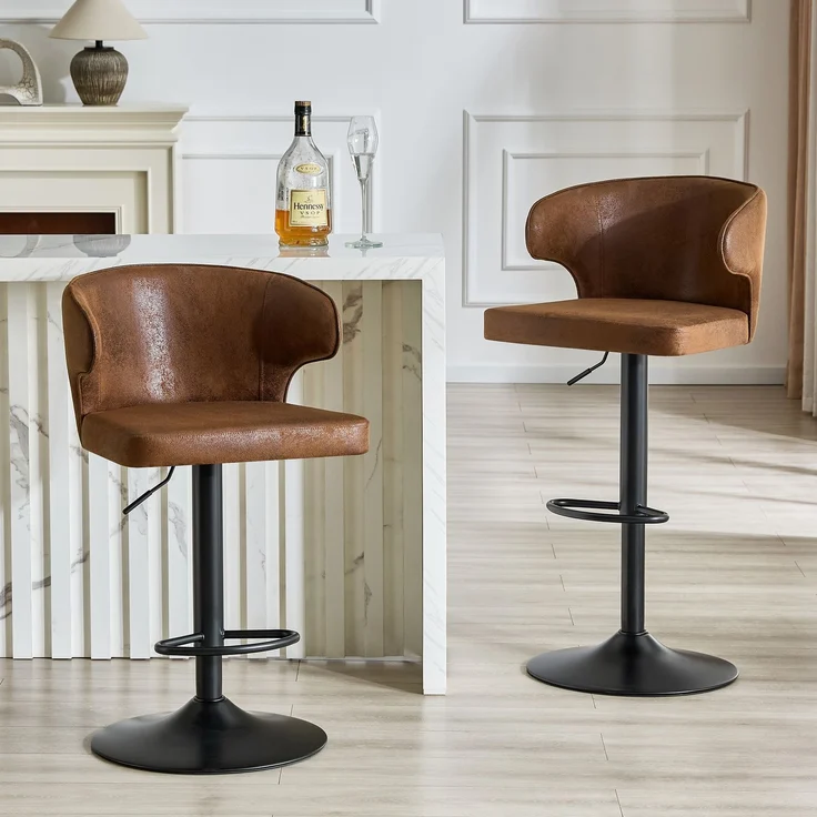 2er Set Barhocker mit Lehne Höhenverstellbar, 360° Drehbar Barstuhl mit Großem Sockel & Fußstütze, Modern Küchenhocker für Bar Küche Theke (Nur Stühle)--Braun--49.7x45x110cm--YOUDENOVA – Bild 6