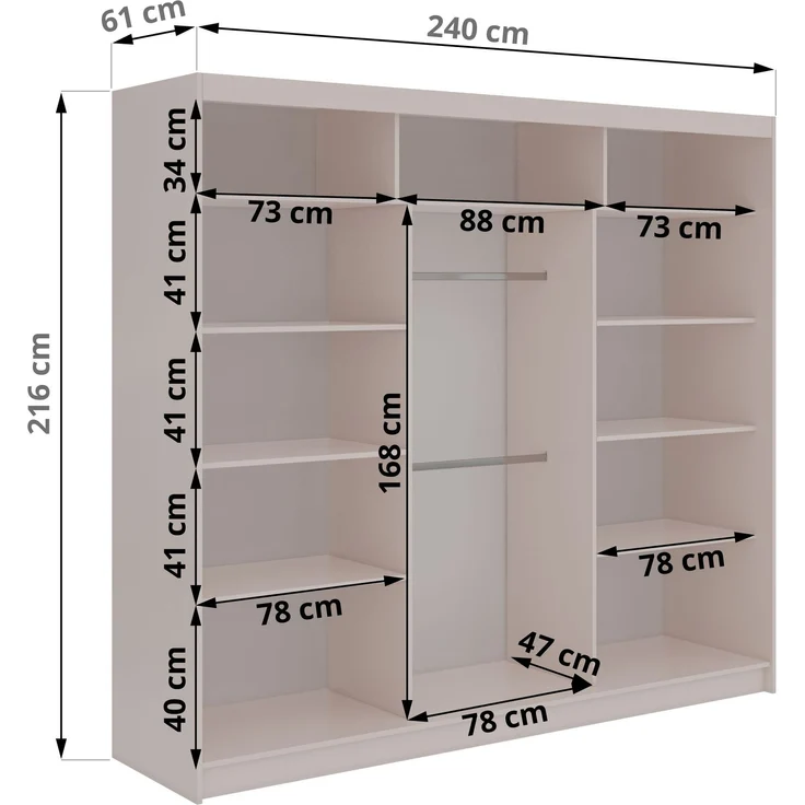 Schiebetürenschrank GRECJA 240 cm breite mit Spiegelfront und Dekor-Applikationen in Kaschmir, inkl. Kleiderstange & Einlegeböden - Kaschmir – Bild 5