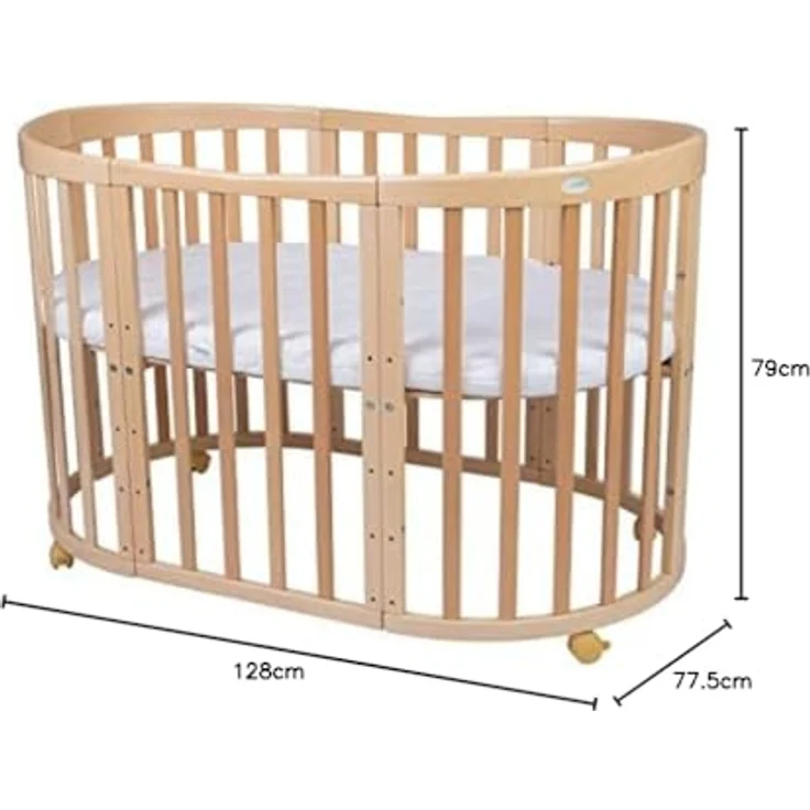 Waldin Oval Babybett Mitwachsend Komplett Set 7in1 - Baby Gitterbett mit Matratze - Babybetten mit Wickelkommode - Baby Bett mit Rollen - Mitwachsendes Kinderbett - Baby Bed - Beistellbett Holz – Bild 11