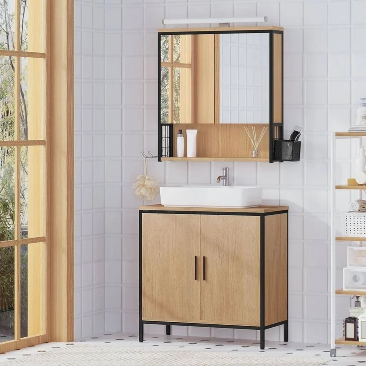 EUGAD Spiegelschrank Bad mit Beleuchtung, Badezimmerschrank mit Spiegel, Badschrank hängend, mit Verstellbarer Ablage Halter Korb, aus Metall MDF, Schwarz + Helle Eiche, 70Bx70Hx14,5T cm – Bild 2