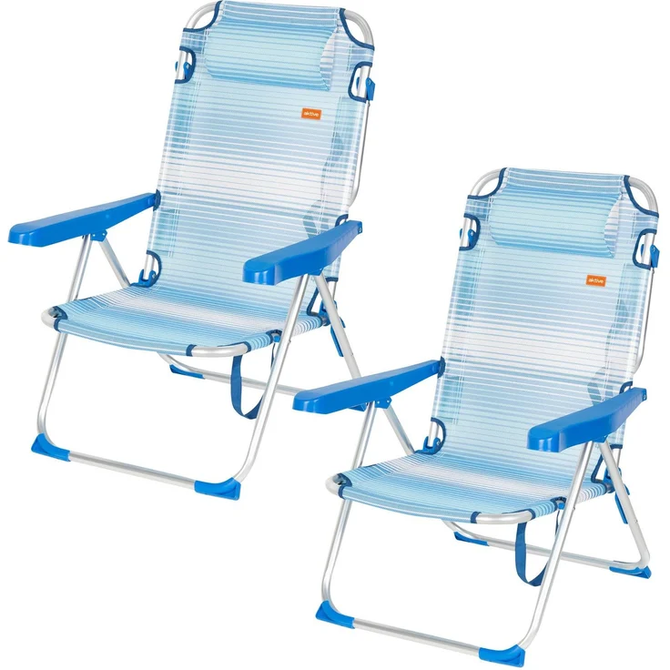 AKTIVE Strandstühle, zusammenklappbar und neigbar, Blau gestreift, 48 x 60 x 90 cm, 5 Positionen, gepolstertes Kissen, Schultergriff, ergonomische Armlehnen, Kippschutz, Tragkraft 110 kg (85515)