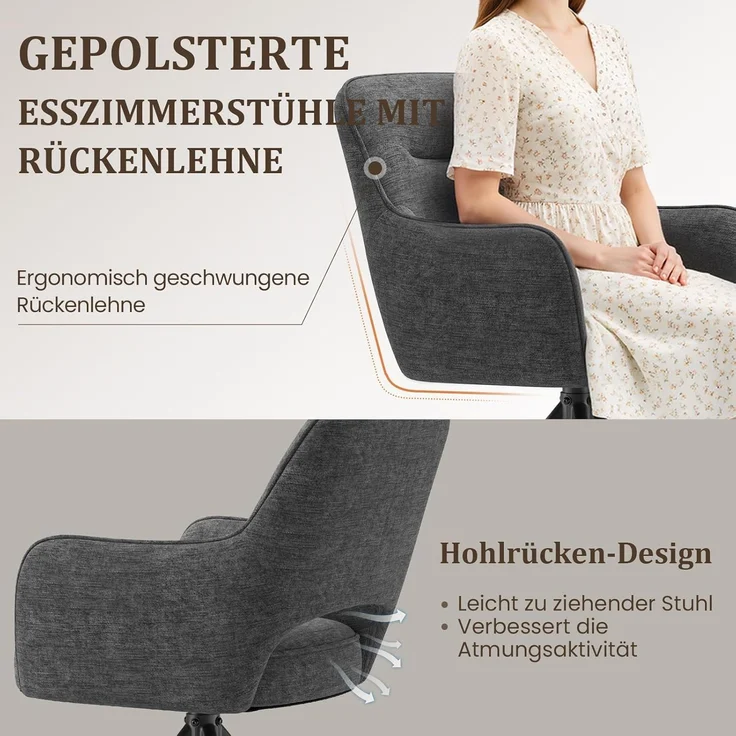 COLAMY Drehbare Esszimmerstühle 4er Set mit Armlehnen, Drehbare Polsterstühle für Küche & Esszimmer aus weichem Florstoff mit Metallgestell und Rückenlehne, für Esszimmer, Küche, Büro,Grau – Bild 4