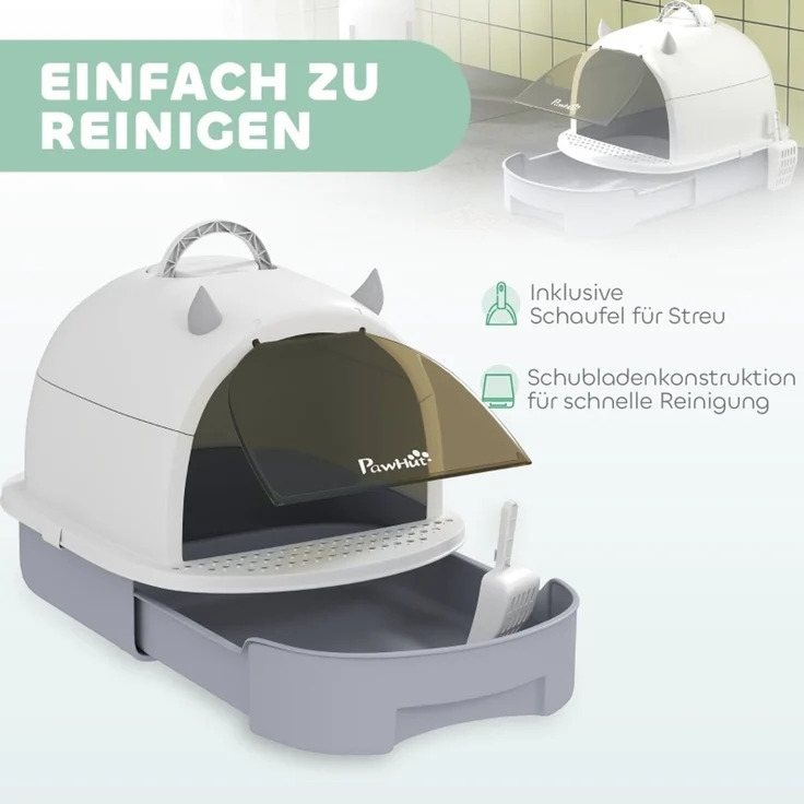 Katzentoilette 40,5 x 52 x 39 cm mit Deckel, Bodenschublade und Streuschaufel – Grau – Bild 3