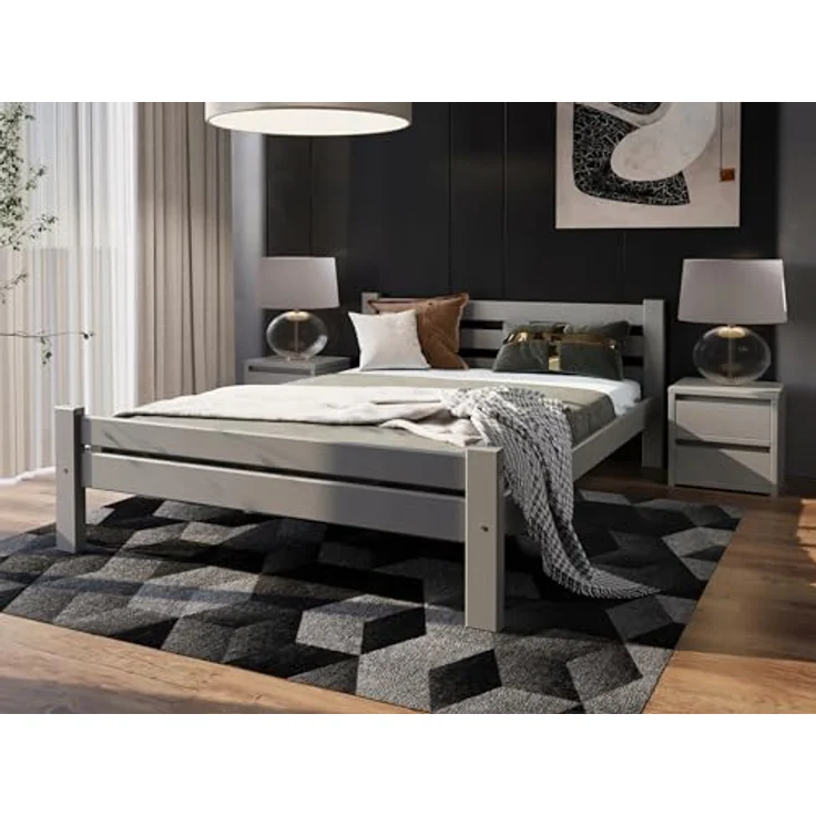 Home Collective Bettgestell Massivholzbett, Einzelbett mit Lattenrost & sicherem Lack, 210 x 132 x 72 cm, Grau – Bild 2