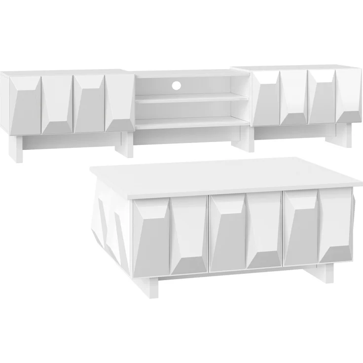 Wohnzimmer-Set aus Spanplatte, TV-Lowboard & Couchtisch mit Rautenrelief, 180x34x44,5 / 95x67x39,5 cm, Weiß – Bild 4